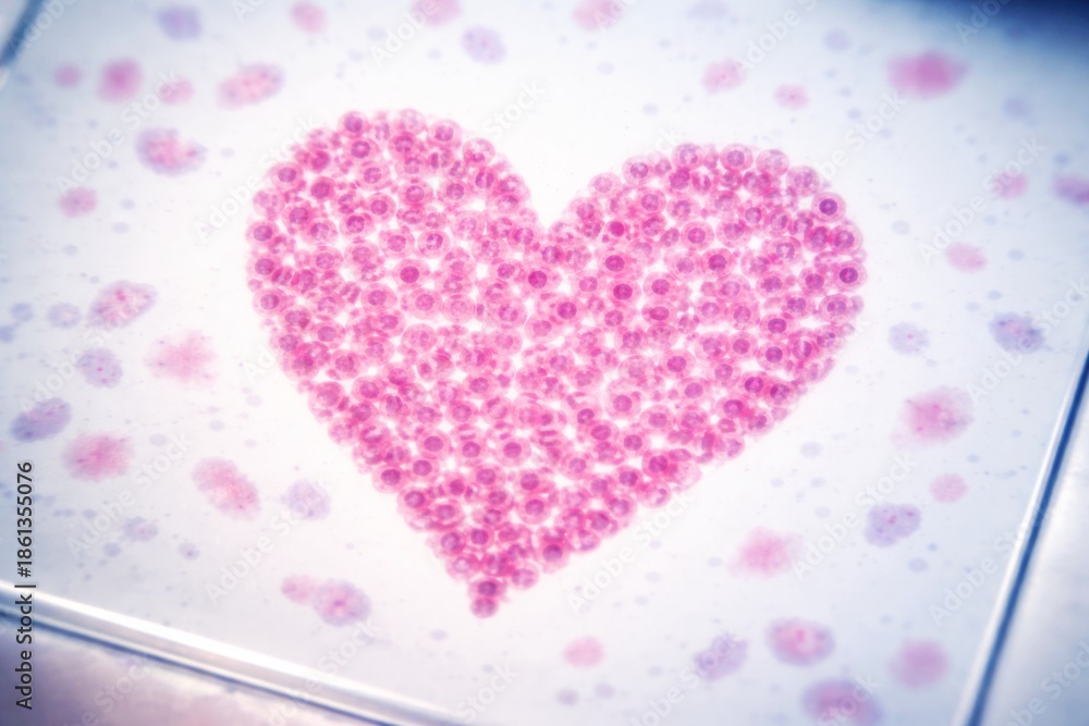 Obraz premium Microscopic view of pink cells forming a heart shape on a slide