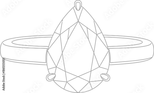 Outline drawing of a classic solitaire engagement ring featuring a brilliant pear cut diamond on a simple band