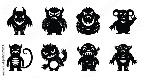 Collection of spooky black silhouette monster characters for halloween and scary themes