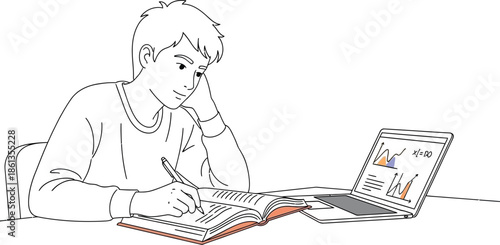 Focused student diligently writing notes in an open book while studying near a laptop displaying charts and mathematical equations