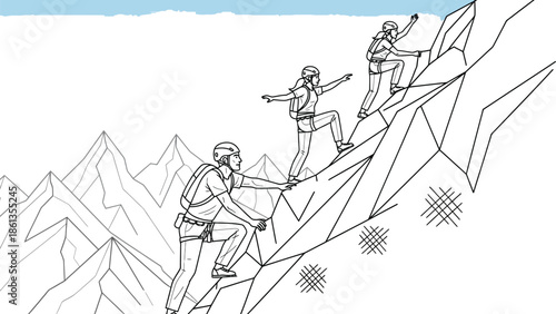Team of mountaineers working together to successfully ascend a steep rocky mountain peak in the clear sky