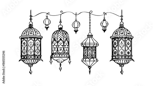 Traditional ornate Arabic lantern icon, ramadan fanous, intricate line work, hanging lamp vector.