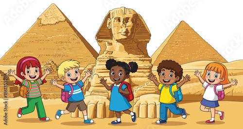 Happy Children Visiting Egypt Pyramids And Sphinx On School Trip Cartoon Vector Illustration For Travel Education Concept