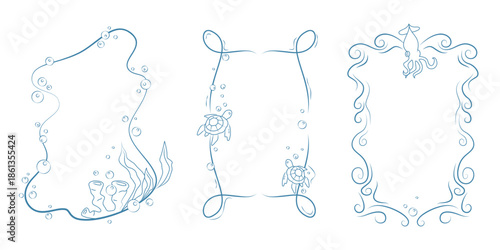 Sea doodle frame border set with hand drawn summer vector elements. Marine invitation boxes with ocean waves and turtles, squid and bubbles, seaweed with corals in blue line art for kids birthday card © klyaksun