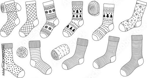 Collection of various patterned winter and cozy knitted socks with some rolled textile elements displayed in a black and white outline style.