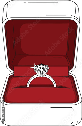 Stunning diamond engagement ring displayed inside an open white presentation box with rich red velvet lining