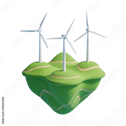 Floating island with wind turbines for renewable energy generation