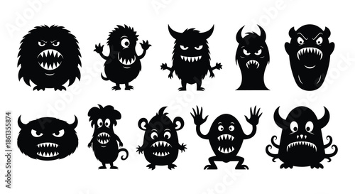 Collection of spooky black silhouette monster characters for halloween and scary themes