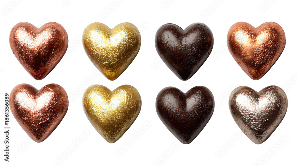 Obraz premium Selection of metallic heart shaped chocolates isolated on transparent background