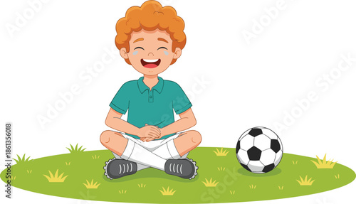 Happy Little Boy Sitting On Grass With Soccer Ball Cartoon Vector Illustration For Childhood Sports Concept