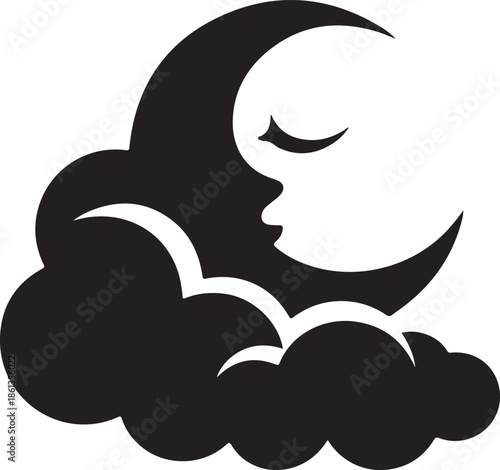 Peaceful night sky with sleeping moon and clouds
