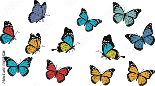 Colorful butterfly vector set with vibrant wings, black edges, white spots for art, biology, pattern recognition, and education