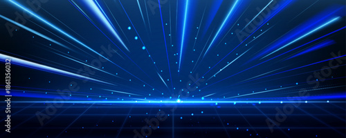 Retro futuristic tech background with neon light speed lines and grid pattern. Vector realistic illustration of dark blue wireframe landscape perspective, laser beams, space game, virtual network