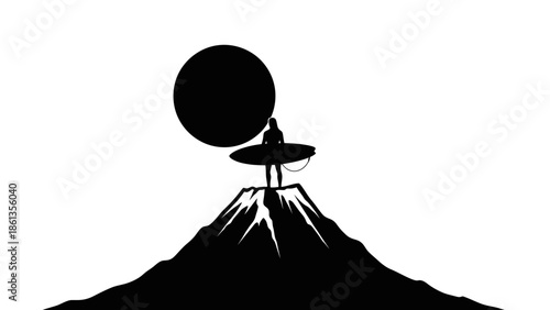 Silhouette of a surfer standing atop a mountain holding a surfboard under a large moon.