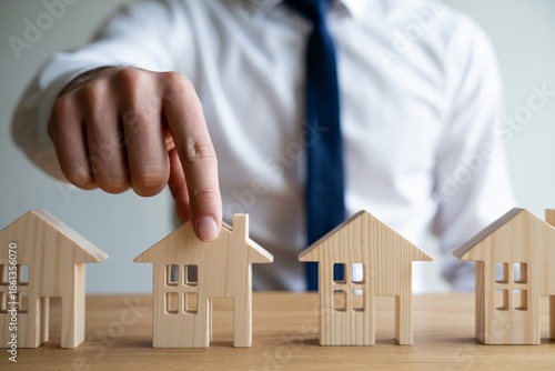Hand selecting a wooden house from a row, for real estate investment and property choice, during market research, Business professional choosing a home among neighborhood models.