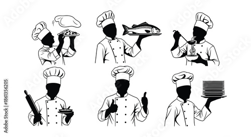 Culinary artistry a collection of black silhouette chefs and food illustrations