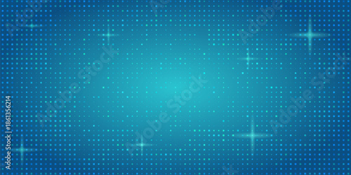 Blue pixel bg with glowing tech pattern and scattered squares. Digital bitmap texture with futuristic grid and halftone. Abstract mosaic background with shimmering light spots for technology design