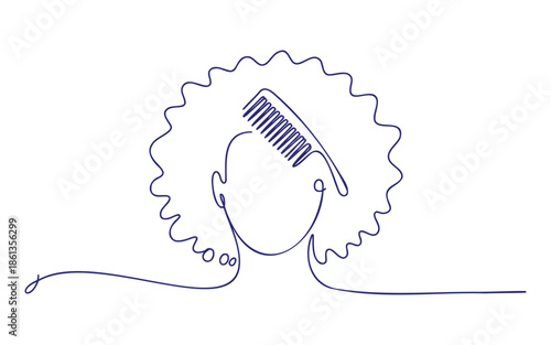 A continuous line drawing illustrates a woman with an afro hairstyle and a comb.