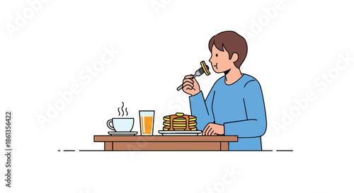 Illustration of a person enjoying a wholesome morning meal, savoring fluffy pancakes with syrup, butter, a warm beverage, and refreshing juice at a