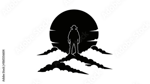 Silhouette of a lone cowboy standing against a large moon.