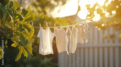 Baby clothes drying sunny garden