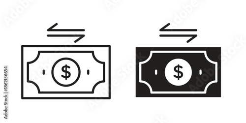 Money transfer icons collection. Thin linear and black flat icons