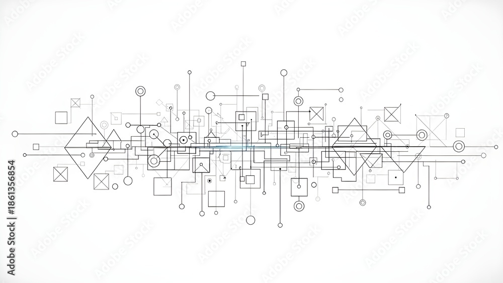 Obraz premium Minimalist black and white line art illustrating artificial intelligence interfaces and digital systems.