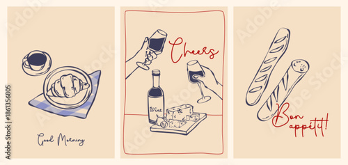 French food posters set, doodle design. Vector illustration of line art breakfast or picnic posters with coffee cup and croissant, hands clinking wine glasses, fresh baked baguette, cafe menu banner