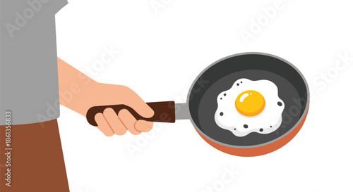 A graphic illustration of a human hand securely holding a frying pan, prominently featuring a delicious, perfectly cooked sunny-side-up egg for a