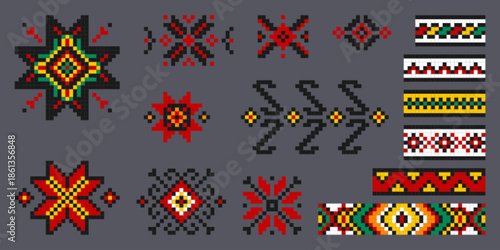 Ukrainian embroidery patterns set isolated on background. Vector illustration of traditional cross stitch ornament elements, floral motif, geometric borders, ethnic vyshyvanka symbols, folk art