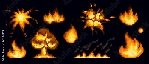 Pixel game explosion effects set isolated on black. Vector illustration of retro 8 bit fire icons, bright orange flame and smoke, energy blast emoji, night sky firework, war game attack animations