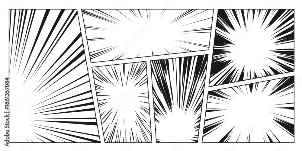 Naklejka premium Manga comic background with black radial lines on white background. Vector illustration of anime halftone design, high speed, explosion boom or super hero appearance effect, comic battle collage
