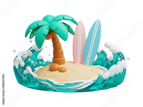 3D render of a tropical island getaway with palm tree, surfboards, and dynamic ocean waves, ideal for summer vacation concepts