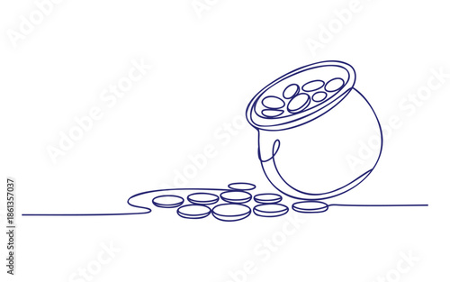 A continuous line drawing depicts a pot of gold coins spilling out onto the ground.
