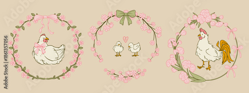 Cottagecore hen, chicken, rooster in floral frames. Vector cartoon illustration of cute farm birds with coquette pink bow, round border with flowers and heart sign, vintage Easter card decoration