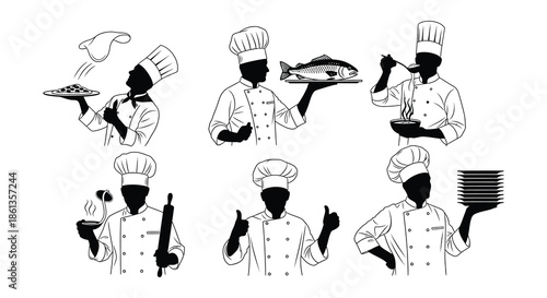 Culinary artistry a collection of black silhouette chefs and food illustrations