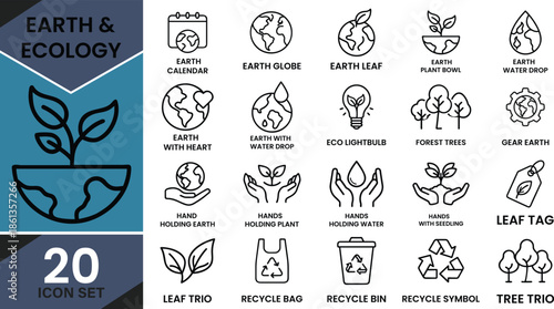Comprehensive vector icon set featuring 20 outline symbols for earth, ecology, and environmental themes on a clean white background