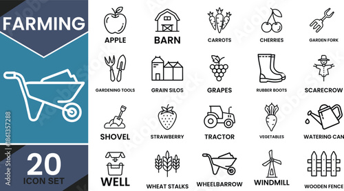 Outline vector icon set of 20 farming and agriculture elements, including crops, tools, and structures, presented in a graphic layout.