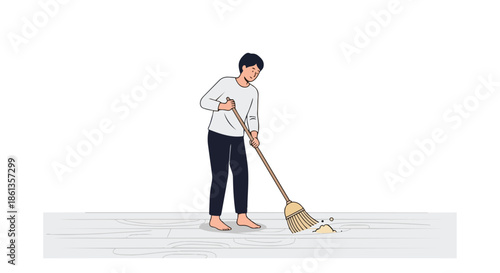 Person sweeping a clean wooden floor with a broom, tidying up for a well-maintained home