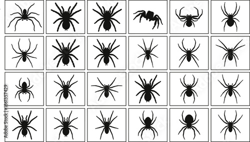 Spider silhouettes vector illustration, black spider shapes on white squares, creepy crawly design, editable insect clipart, posture variation grid, entomology theme, visual puzzle