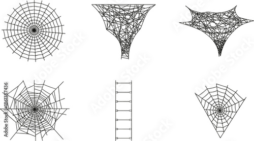 Spider web vector set with funnel, circular, triangular, irregular, and ladder-like designs for biology, Halloween, education, and creative design use