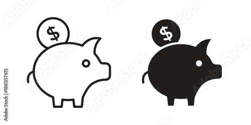 Piggy bank icons collection. Thin linear and black flat icons