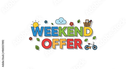 A delightful and cheerful weekend offer banner featuring vibrant typography along with charming illustrations of nature elements promoting outdoor