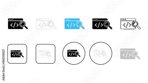 Code analysis icon with a magnifying glass over code symbols