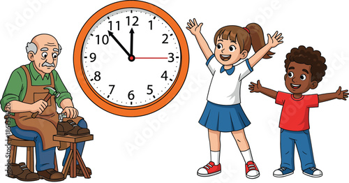 Old Shoemaker Working With Children And Clock Showing Time Cartoon Vector Illustration For Education Concept