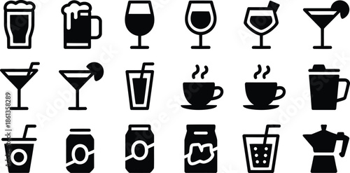 Icon Set of Beverages and Drinks for Menus and Designs.