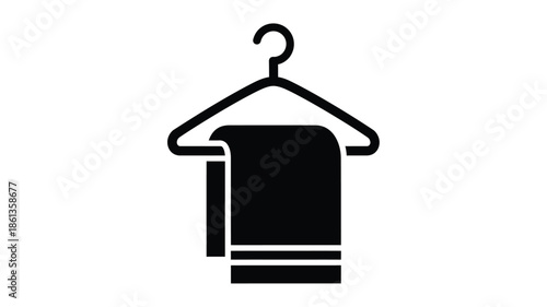 A simple black and white illustration depicting a towel neatly folded on a clothes hanger