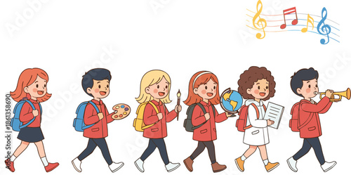 School Children Walking Together With Musical Instruments And School Supplies Cartoon Vector Illustration For Education Concept