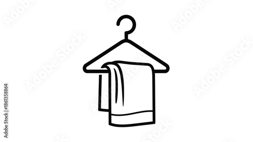 A simple black and white illustration of a clothes hanger with a towel draped over it