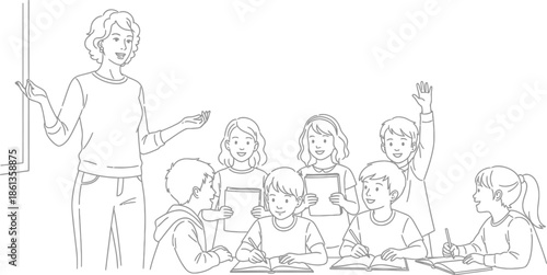 Cheerful elementary school teacher engaging smiling students during a busy classroom lesson or interactive learning session
